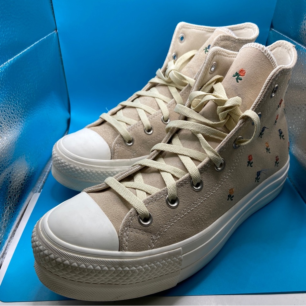 Converse Cream High-Top Sneakers with Floral Embroidery